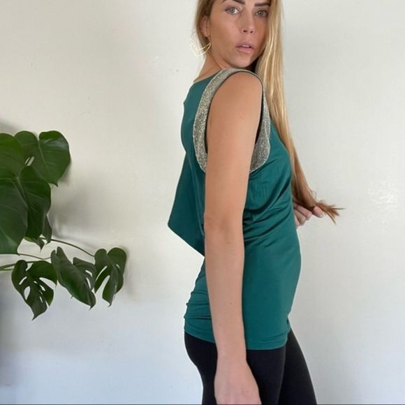 Robbi & Nikki 💚 One Sleeve Blouse Silver Beaded Lined - Picture 9 of 12